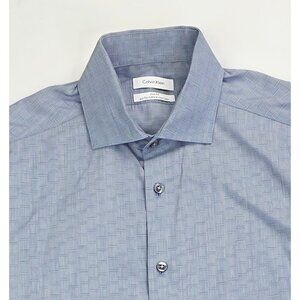Calvin Klein Performance Size 15.5 34/35 Mens Slim Fit Non Iron Gray Blue Check